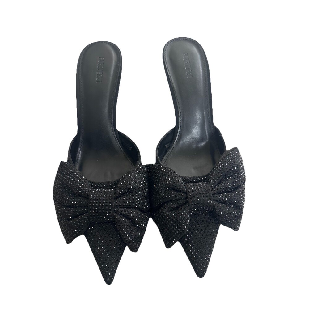 Forever 21 Sz 6 Black Rhinestone Glam Bow Slip On Mule Heels Pointed Toe Formal